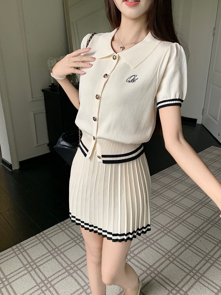 Bộ Áo polo Dệt Kim + Chân Váy Xếp Ly Lưng Cao Ngọt Ngào Phong Cách Mới 65479