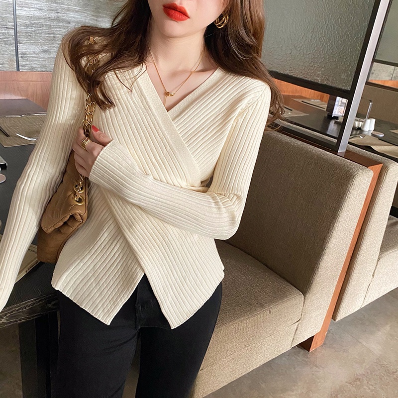 Áo Sweater Dệt Kim Tay Dài Cổ Chữ v Thiết Kế Đơn Giản