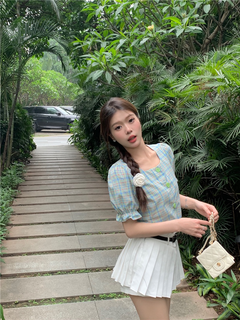 65580 Phong Cách Mới Áo Sơ Mi Kẻ Sọc Tay Phồng Ngắn