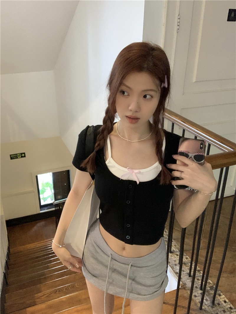 Áo Thun Ngắn Tay Phối Màu Tương Phản Giả Hai Lớp Phong Cách Mới 65711