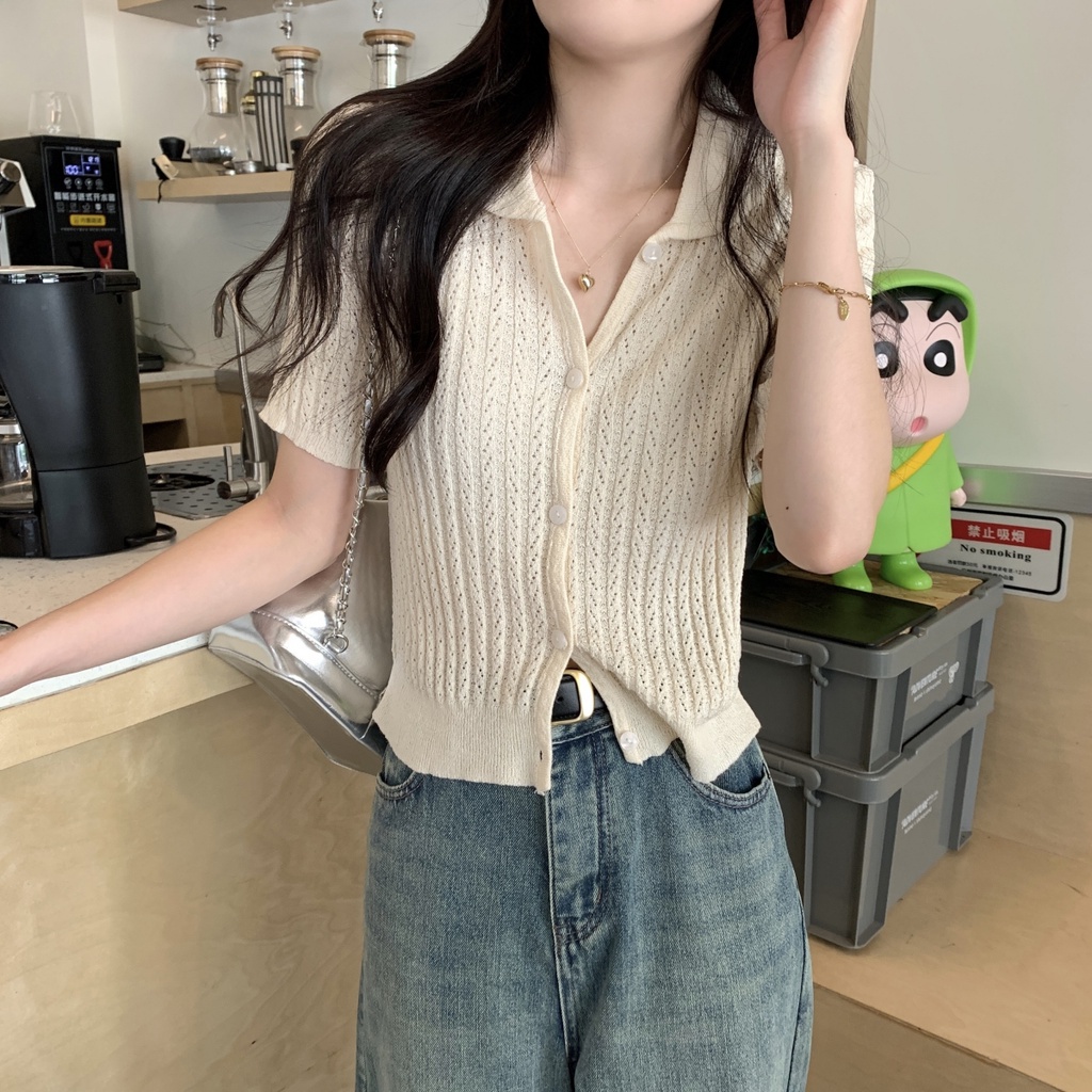 Áo Cardigan Dệt Kim Tay Ngắn Thiết Kế Đục Lỗ Phối Cúc Phong Cách Hàn Quốc Thời Trang Mùa Hè 656