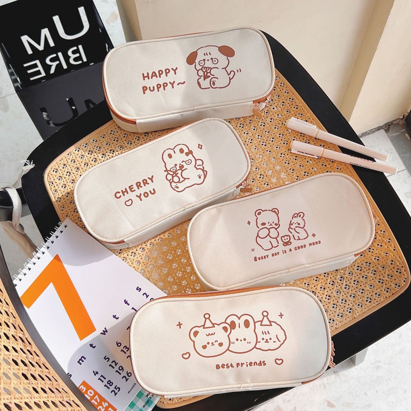 Túi Đựng Bút Bằng Vải Canvas Nhiều Ngăn Cỡ Lớn Thiết Kế Hình Cún Dễ Thương Dành Cho Học Sinh
