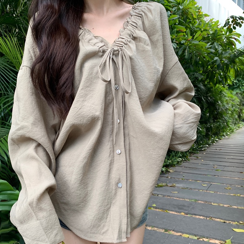 Misssumey nữ hàn quốc cổ v dài tay áo sơ mi ngoại cỡ
