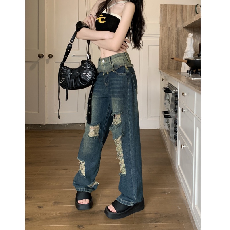Quần Denim Lưng Cao Ống Rộng Thiết Kế Xẻ Rách Phong Cách Hàn Quốc