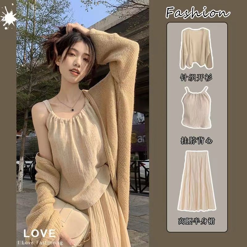 Bộ Áo Cardigan Dệt Kim Tay Dài + Đầm Lửng Phong Cách Thời Trang Mùa Xuân 2023 Mới