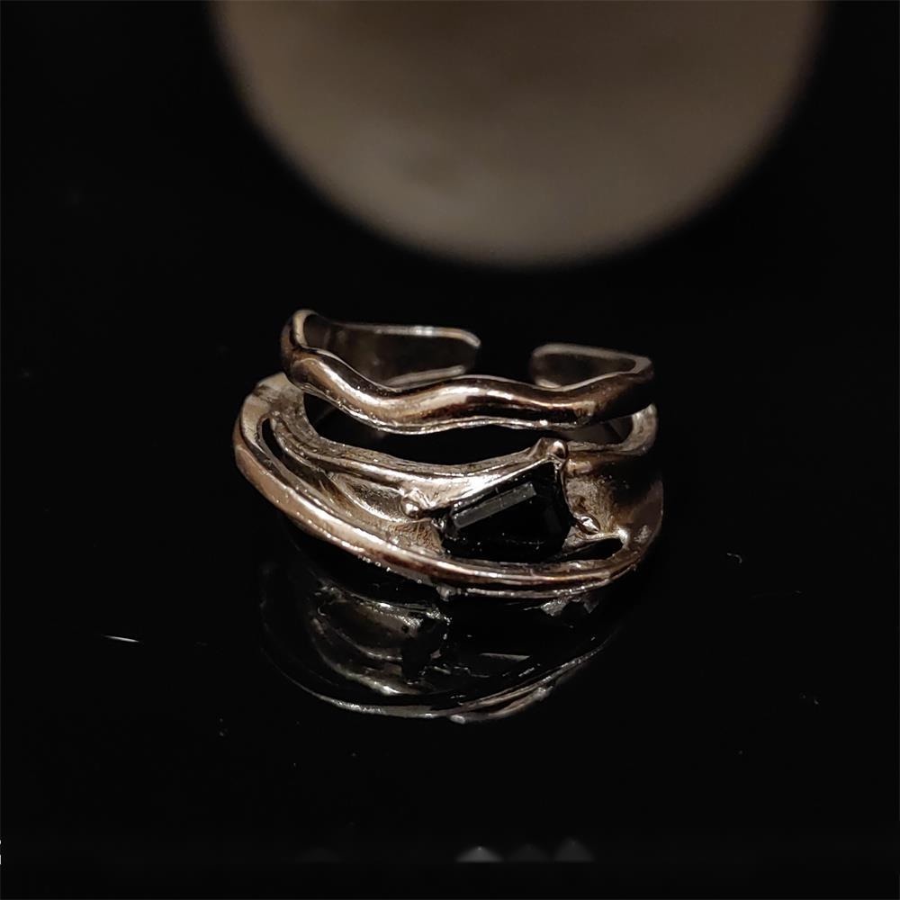 Nhẫn Hở Đính Đá Zircon Màu Đen Phong Cách Retro Hàn Quốc Chất Lượng Cao