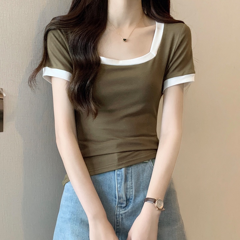 Áo Thun Cổ Vuông Ngắn Tay Dáng Ôm Phối Màu Sắc Tương Phản Thời Trang Mùa Hè 63916