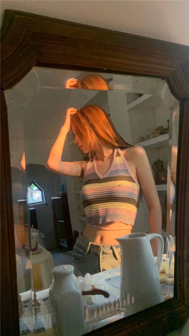 Áo Hai Dây Dệt Kim Hở Lưng Họa Tiết Kẻ Sọc Thời Trang Mùa Hè 64454