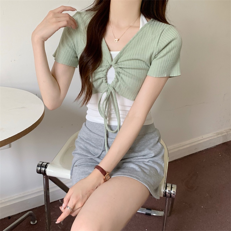 Set Áo Dây Rút Cổ Chữ V + Quần short Màu Sắc Ngọt Ngào Thời Trang Cho Nữ