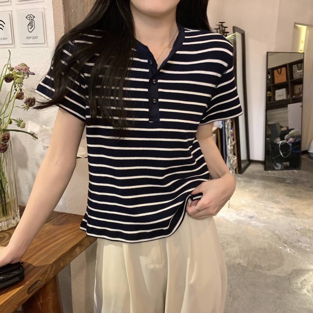 Áo Thun Kẻ Sọc Dáng Rộng Ngắn Tay Phối Nút Phong Cách Hàn Quốc Thời Trang Mùa Hè 64641