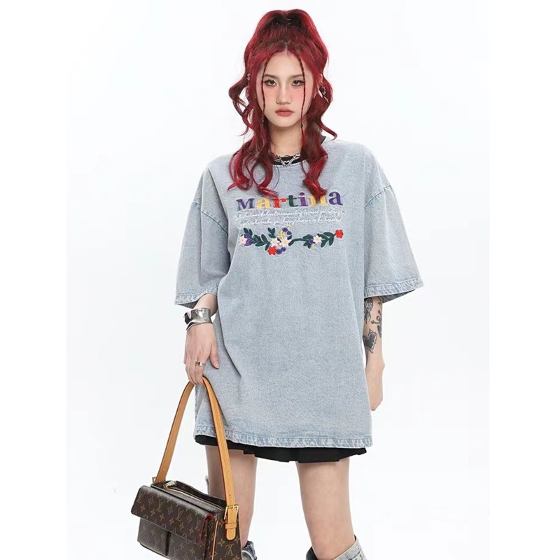 Áo Thun Tay Ngắn Form Rộng Họa Tiết Thêu Theo Phong Cách Retro