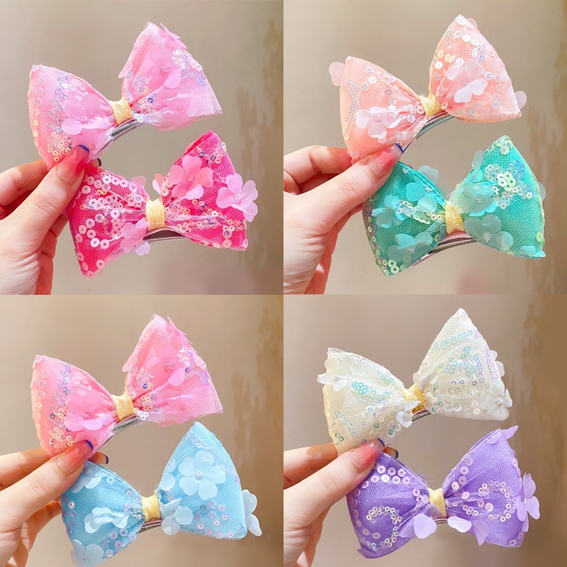 1 Kẹp Tóc Hình Nơ Vải Ren Lưới Đính Kim Sa Lấp Lánh Dễ Thương Dành Cho Bé Gái