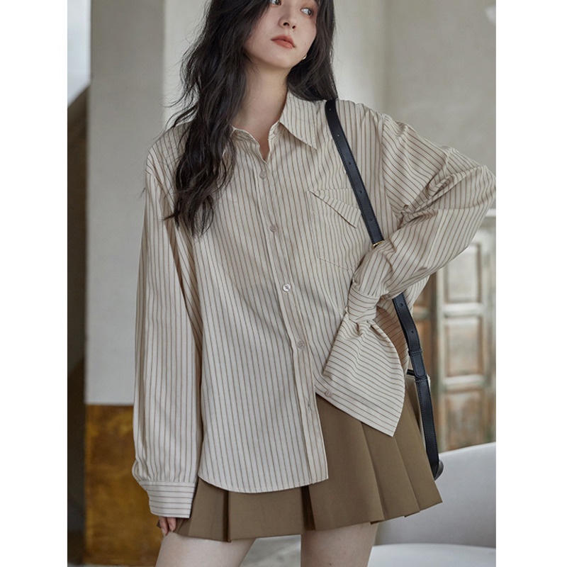 Áo Sơ Mi Tay Dài Dáng Rộng RENJIANVSHENG Kẻ Sọc Thời Trang Hàn Quốc