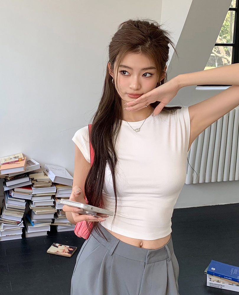 Áo Thun Cổ Tròn Tay Ngắn Dáng Ôm Màu Sắc Đơn Giản Thời Trang Cho Nữ 64044