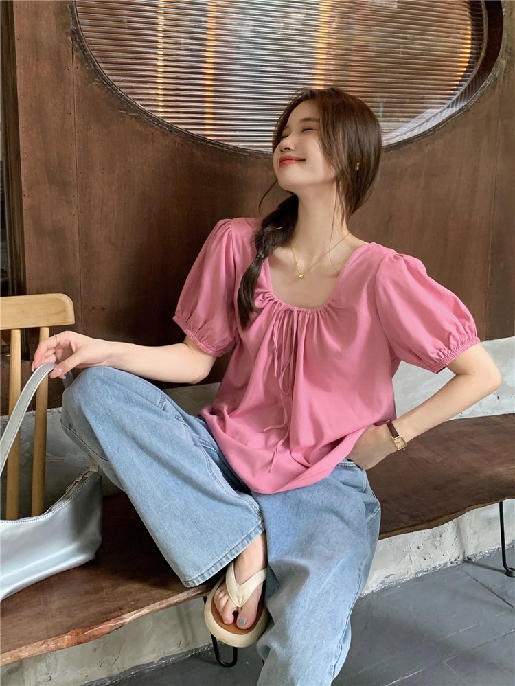 Áo Sơ Mi Vải Lanh Cotton Cổ Vuông Tay Phồng Màu Sắc Đơn Giản Phối Dây Rút Phong Cách Hàn Quốc 64336