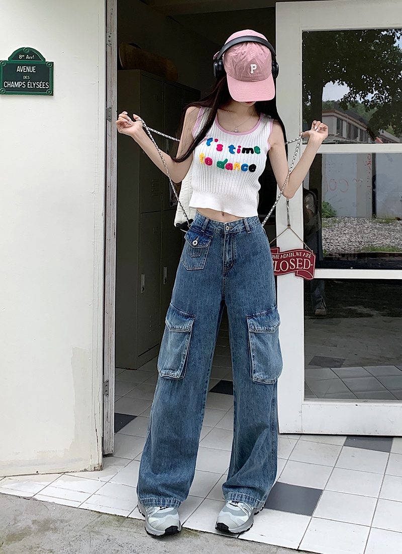 Áo Hai Dây Dệt Kim Ngắn / Quần Jean Ống Rộng Phong Cách Mới Mùa Hè 65886