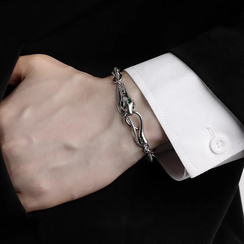 Vòng Tay Dây Xích Hai Lớp Mắt Rắn Màu Xanh Lá Phong Cách Hip Hop Đường Phố Cá Tính Thời Trang Niche