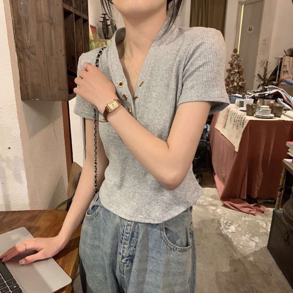 Áo Thun Ngắn Tay Cổ Chữ v Cài Nút Kim Loại Phong Cách Hàn Quốc Thời Trang Xuân Hè 62963