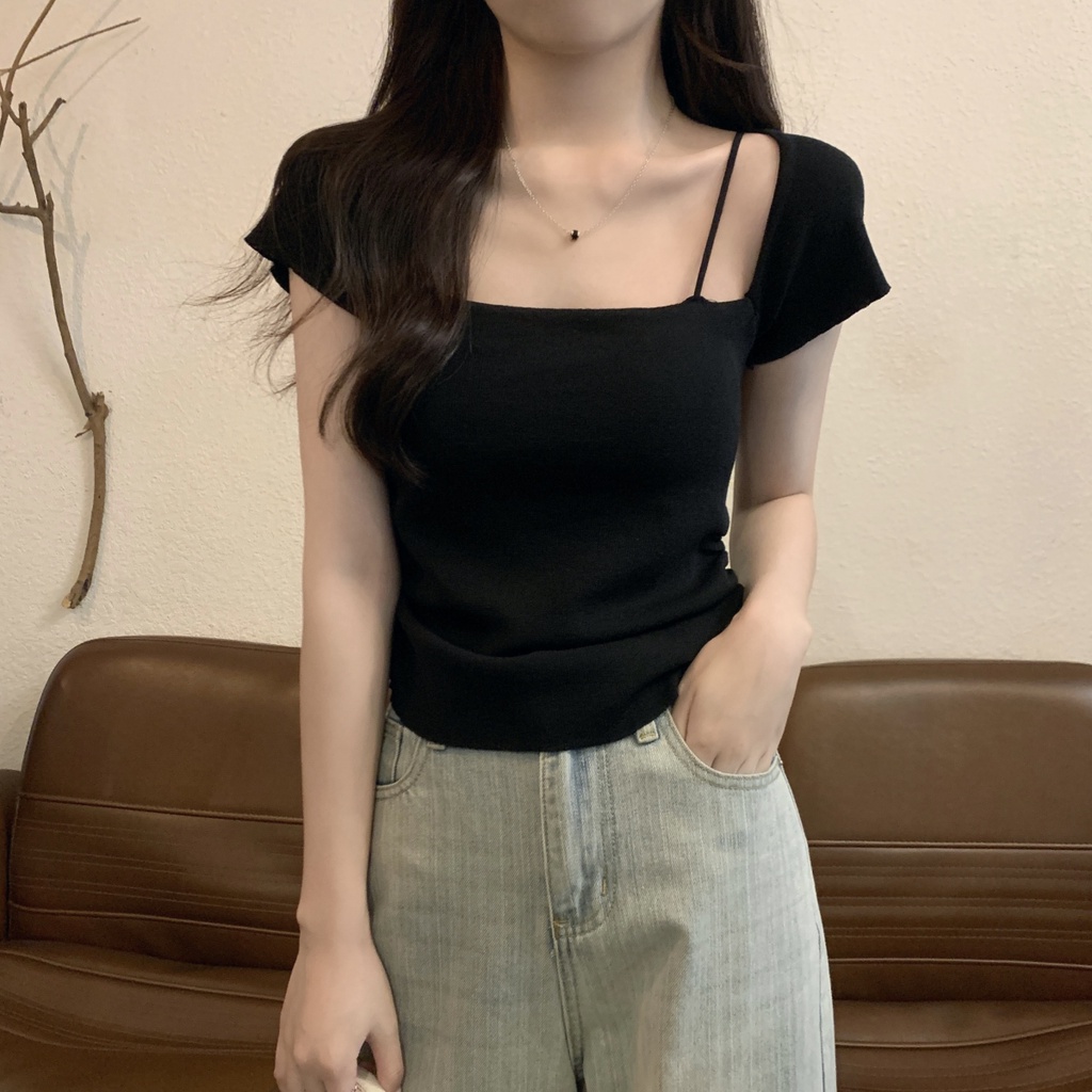 Áo Sweater Dệt Kim Cổ Vuông Xếp Ly Dáng Ôm Tay Ngắn Kiểu Hàn Quốc Thời Trang Xuân Hè 63264