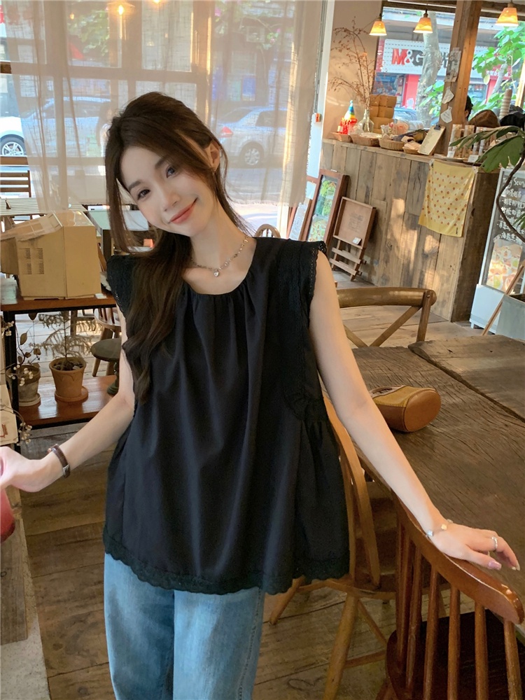 Áo Sát Nách Cổ Tròn Màu Trơn Phối Ren Lỗ Thời Trang Mùa Hè Phong Cách Pháp Hàng Mới 65060