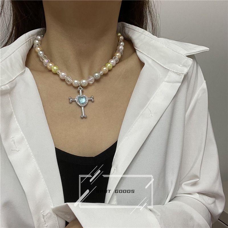 Vòng cổ Sợi Xích Mặt Thánh Giá Đính Ngọc Trai Phong Cách hip hop