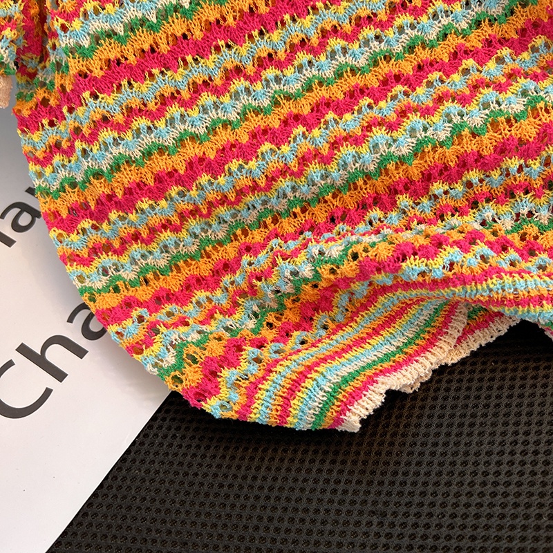 Áo Thun Dệt Kim Tay Ngắn Dáng Ôm Màu Cầu Vồng Phong Cách Hàn Quốc Thời Trang Cho Nữ