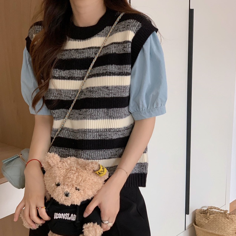 Áo Len Không Tay Cổ Tròn Họa Tiết Kẻ Sọc Thời Trang Dễ Phối Đồ Cho Nữ
