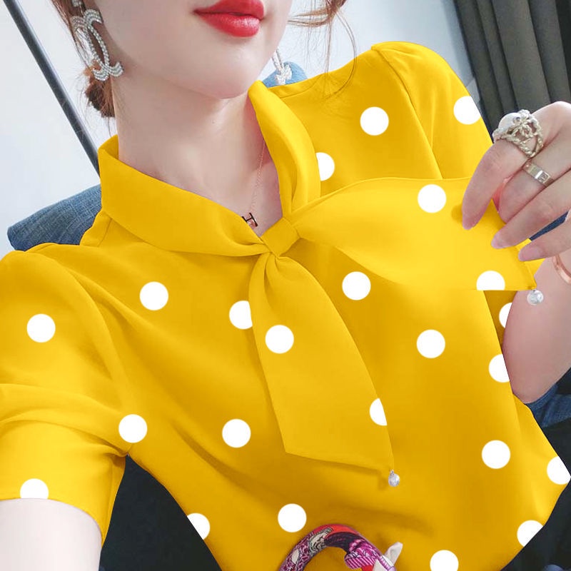Áo Sơ Mi Chiffon Tay Ngắn Dáng Rộng Họa Tiết Chấm Bi Phong Cách Phương Tây Thời Trang Mùa Hè Cho
