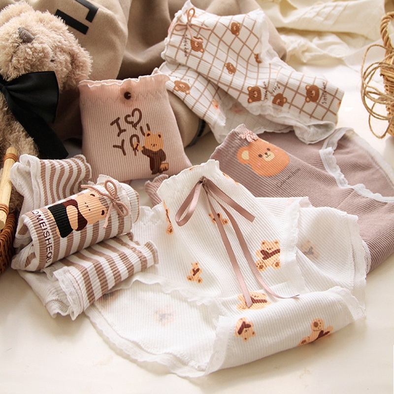 Quần Lót Tam Giác Lưng Vừa Bằng Cotton Mềm Mại Họa Tiết Tai Gỗ Và Cà Phê Gấu Nhỏ Mới Cho Nữ