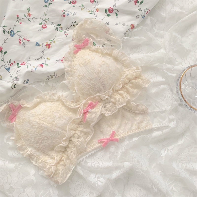 Bộ áo ngực phong cách nhật bản áo ngực ren cô gái trẻ đáng yêu + quần lót nơ sexy phụ nữ đồ lót thoải mái không dây đẩy lên đồ lót nữ bralette