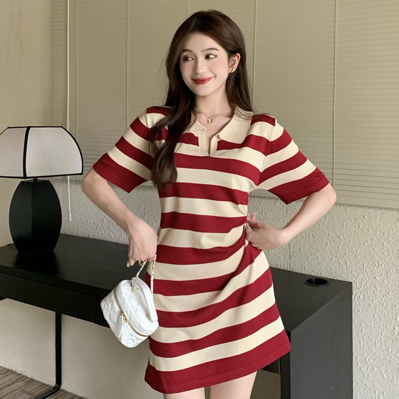 Đầm Dệt Kim Cổ polo Dáng Rộng Họa Tiết Kẻ Sọc Thời Trang Mùa Hè Phong Cách Hàn Quốc