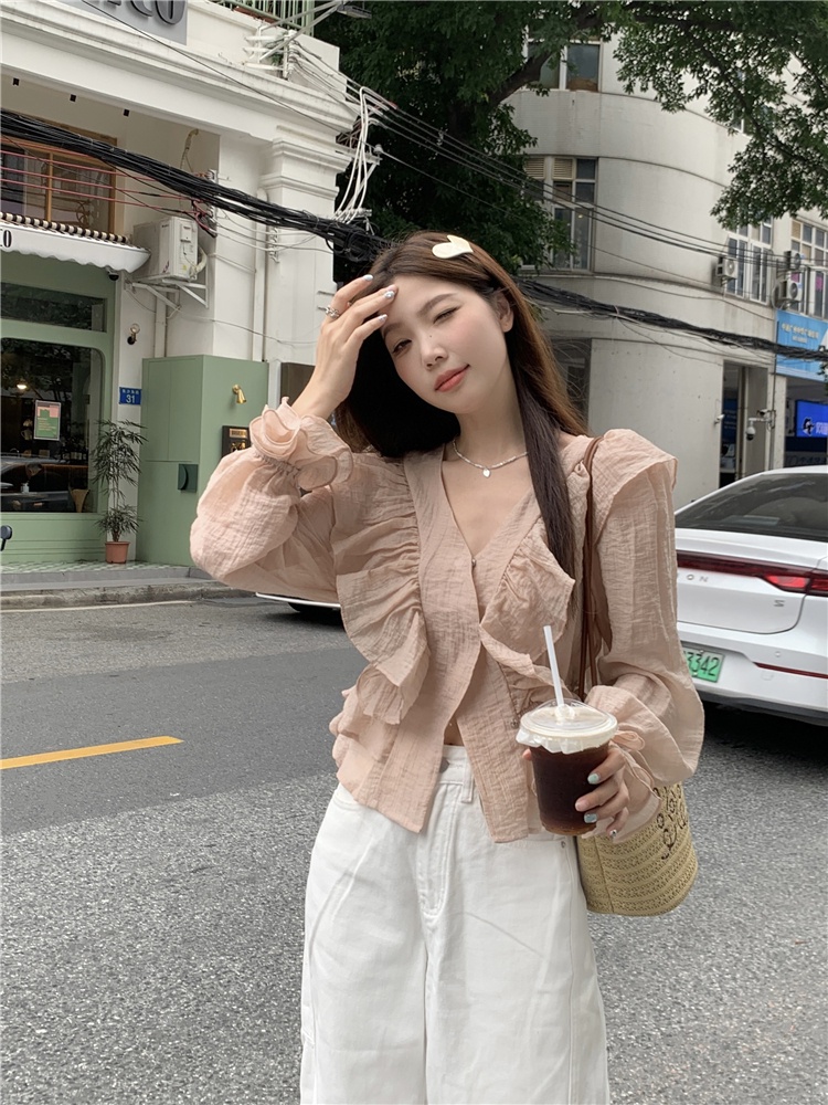 Áo Sơ Mi Cổ Chữ v Viền Bèo Phong Cách Hàn Quốc Kiểu Mới 64490