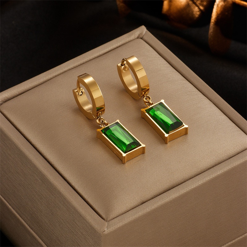 Màu xanh lá cây zircon mạ vàng 18k titan / vòng thép không gỉ bông tai dangle cho phụ nữ vòng đeo hình học thời trang hàn quốc xuyên trang sức cổ điển