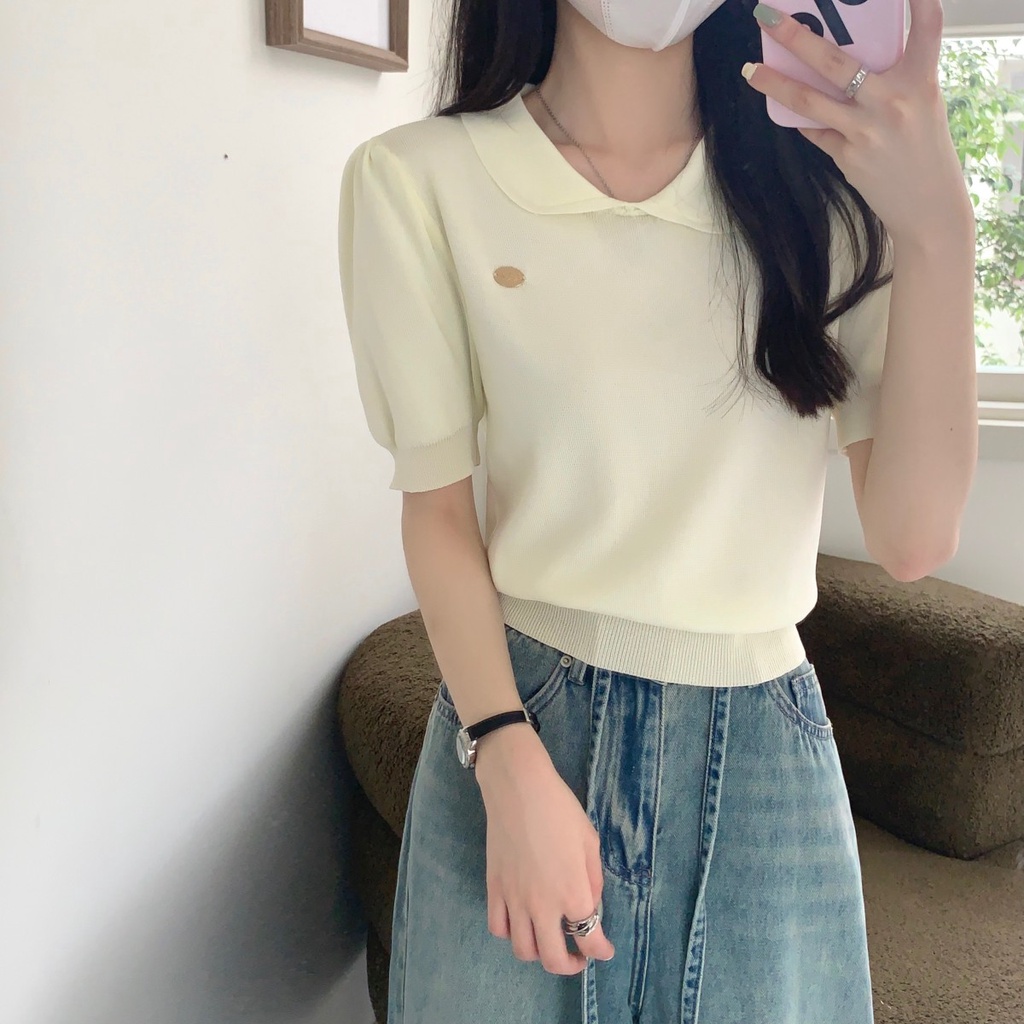 Áo Dệt Kim Cổ Mép Lật Ngắn Tay Phong Cách Hàn Quốc Thời Trang Xuân Hè 62102