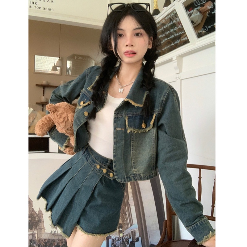 Set Áo Khoác Denim Dài Tay Và Chân Váy RENJIANVSHENG Xếp Ly Phong Cách Hàn Quốc Dành Cho Nữ