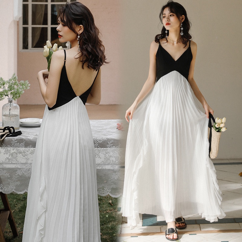 Đầm Hai Dây Màu Trắng Đen Thiết Kế Độc Đáo Thời Trang Mùa Hè Xinh Xắn