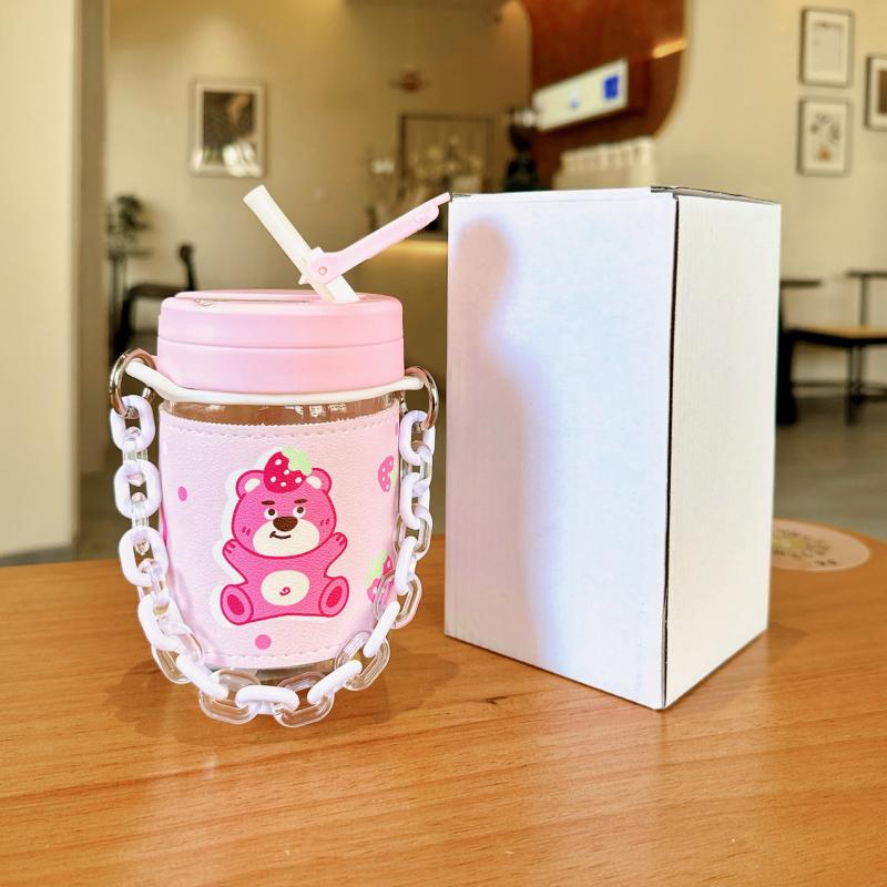 Bình nước/ ly cốc gấu dâu Losto kèm ống hút + bao da + dây đeo