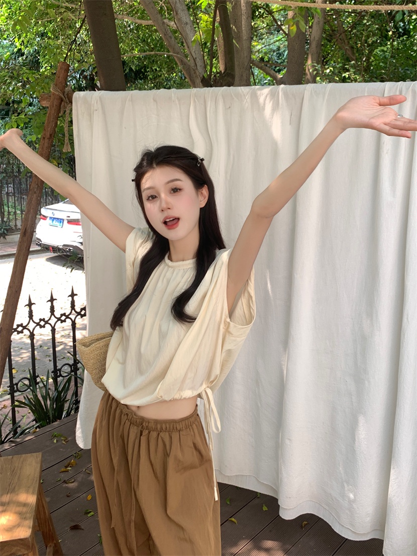 64989 Áo Chui Đầu Cổ Tròn Dây Rút Viền Nhăn + Quần Ống Rộng Giản Dị Phong Cách Mới