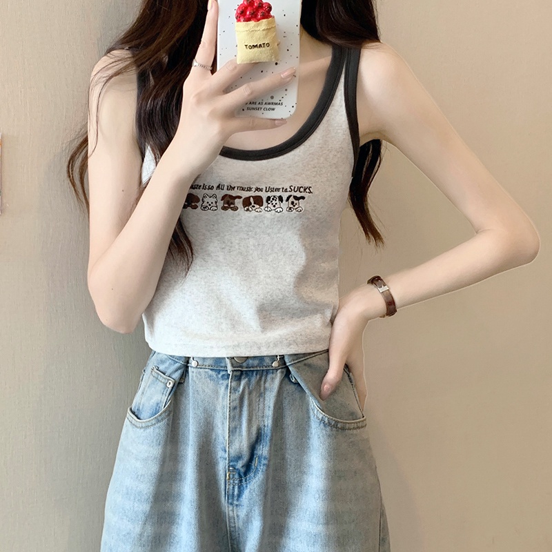 Áo Hai Dây Thêu Họa Tiết Màu Sắc Tương Phản Phong Cách Retro Mỹ 65110