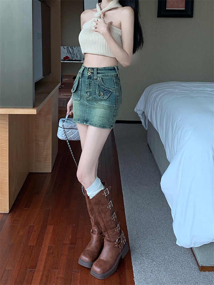 Chân Váy Jeans Chữ A Lưng Cao Chống Trượt Phong Cách retro Cho Nữ