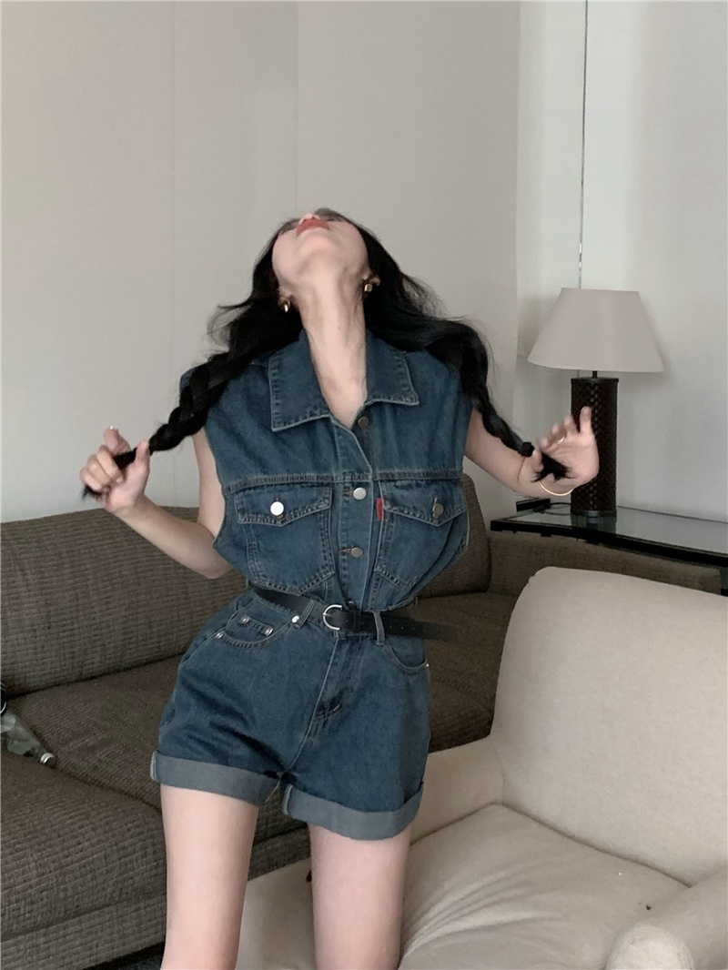 Set Áo Denim Không Tay + Quần Short Thiết Kế Mới Năng Động Thời Trang