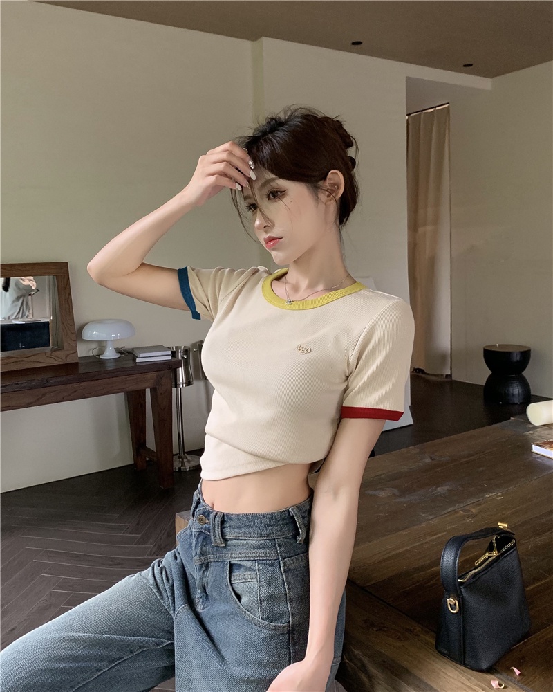 Áo Thun Dệt Kim Cổ Tròn Ngắn Tay Dáng Ôm Màu Sắc Tương Phản Thời Trang 6305