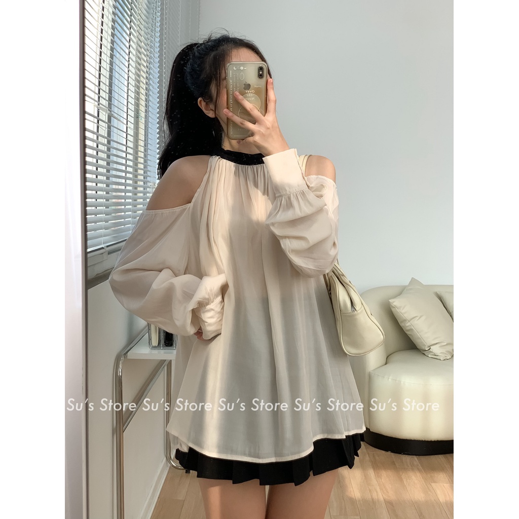 Áo sơ mi voan khoét vai dây buộc nơ A2731 SUSTORE