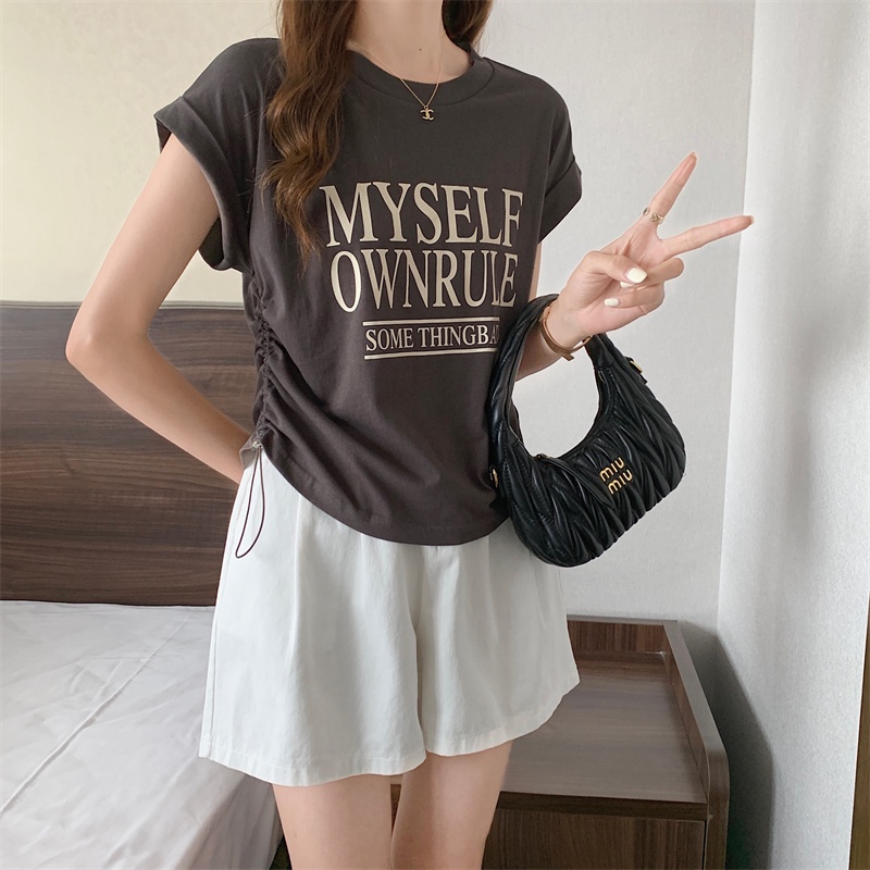 Áo Thun Cộc Tay Cổ Tròn In Chữ Mùa Hè Có Dây Rút Cho Nữ 63973