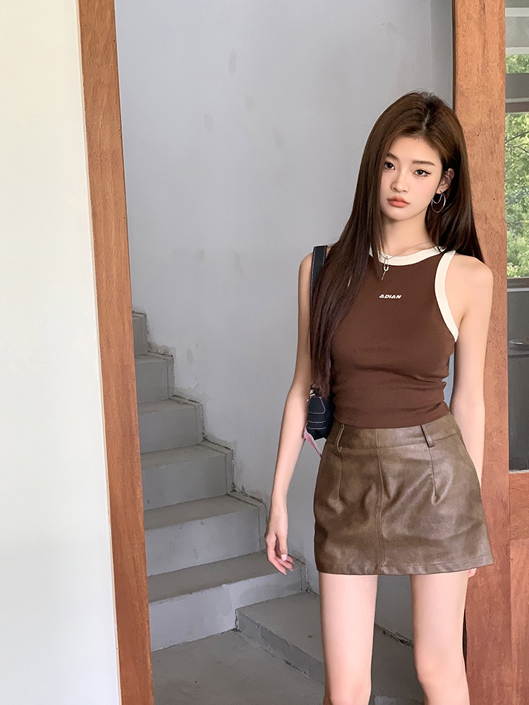 Chân Váy Ngắn Chất Liệu Da Màu Nâu Phong Cách Retro Gợi Cảm Thời Trang Mùa Hè 64575