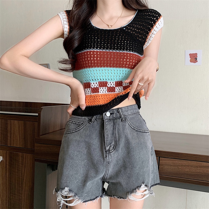 Áo Thun Tay Ngắn Thiết Kế Khoét Lỗ Màu Sắc Tương Phản Phong Cách Hàn Quốc Thời Trang Mùa Hè Cho Nữ