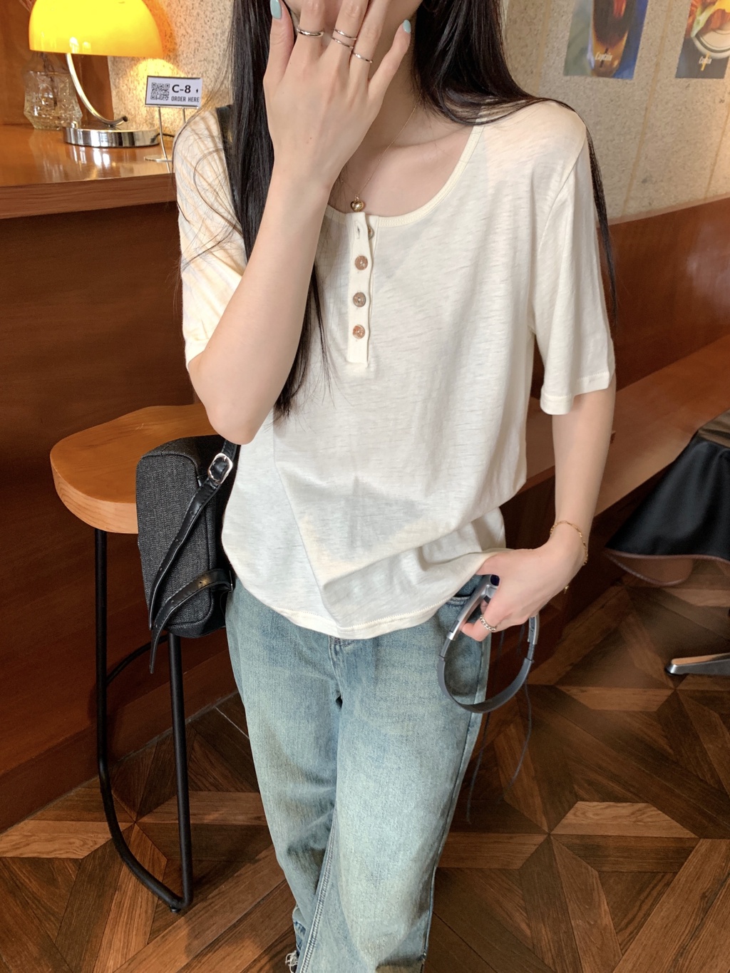 Áo Thun Trơn Dáng Rộng Ngắn Tay Phối Nút Phong Cách Hàn Quốc Thời Trang Mùa Hè 65194