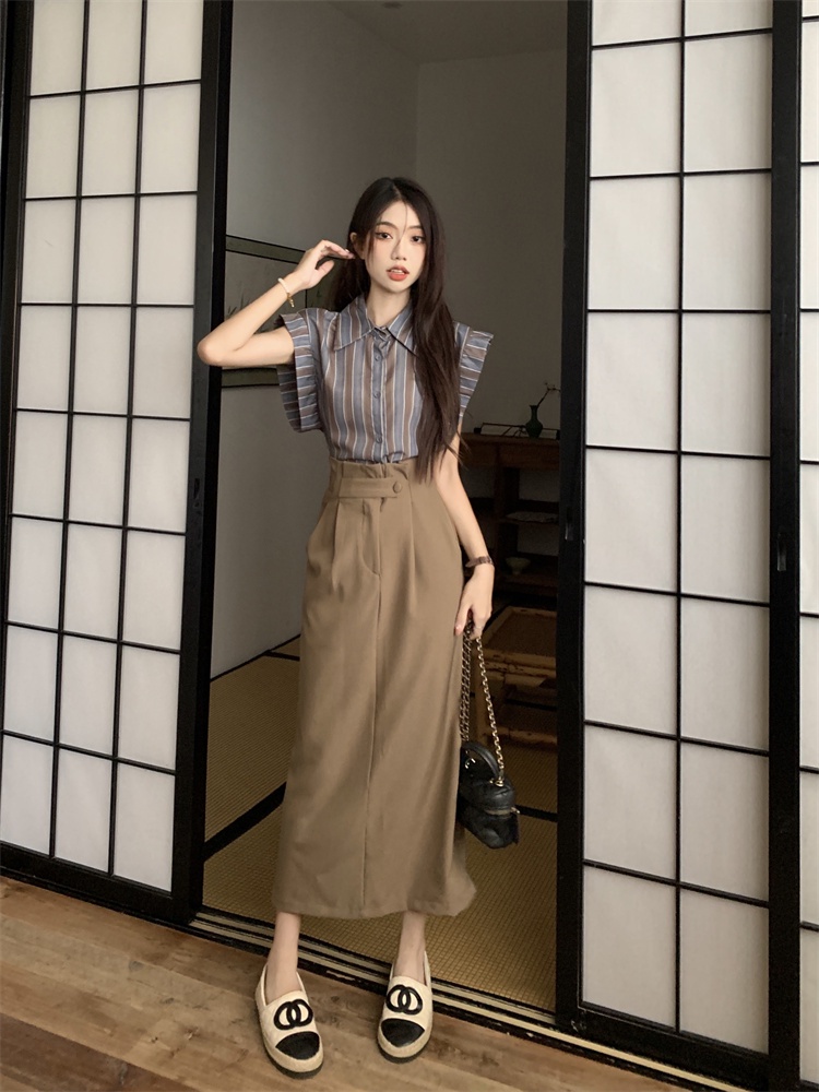 66114 Áo Sơ Mi Sọc Retro Hàn Quốc / Váy Xẻ Tà Cạp Cao