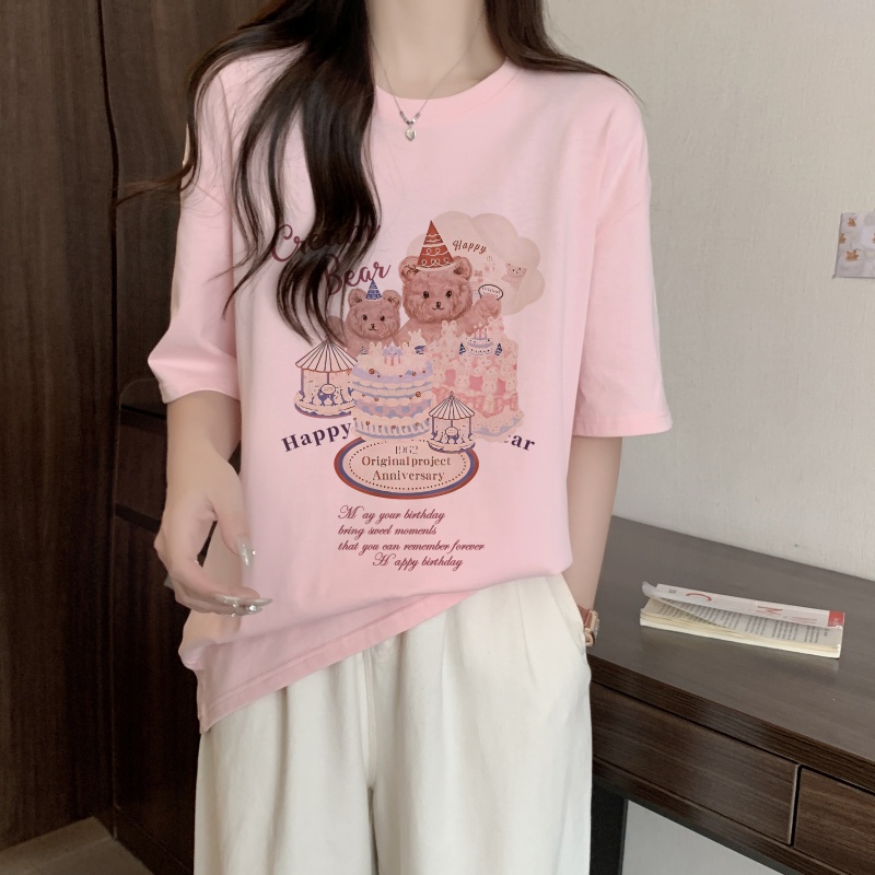 Áo Thun Cotton Dáng Rộng Ngắn Tay In Hình Gấu Thời Trang Mùa Hè Cá Tính 62447