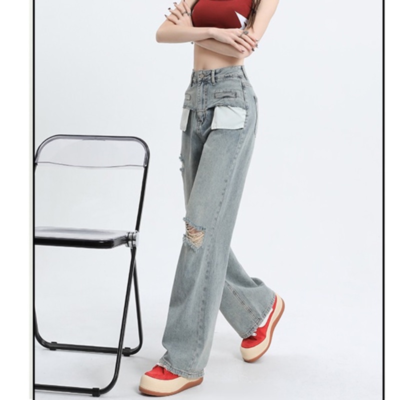 Quần Denim Ống Rộng Lưng RENJIANVSHENG Cao Phong Cách Hàn Quốc Cho Nữ
